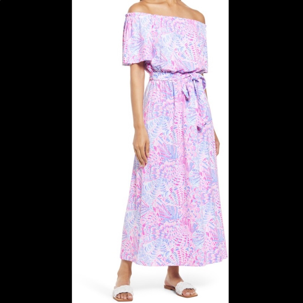Lilly Pulitzer Pink and Blue Off-Shoulder Midi Dress